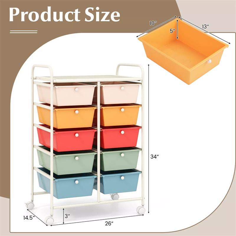 10 Drawer Rolling Cart, Storage Cart Organizer with Wheels, Mobile Utility Cart for Classroom, Office, Home, Craft, Art, Paper, Salon