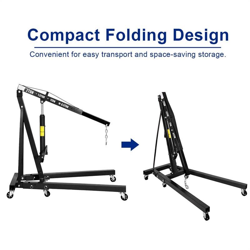 2 Ton Folding Engine Hoist Heavy Duty Hydraulic Cherry Picker Shop Crane with Adjustable Load Arm & 6 Universal Casters