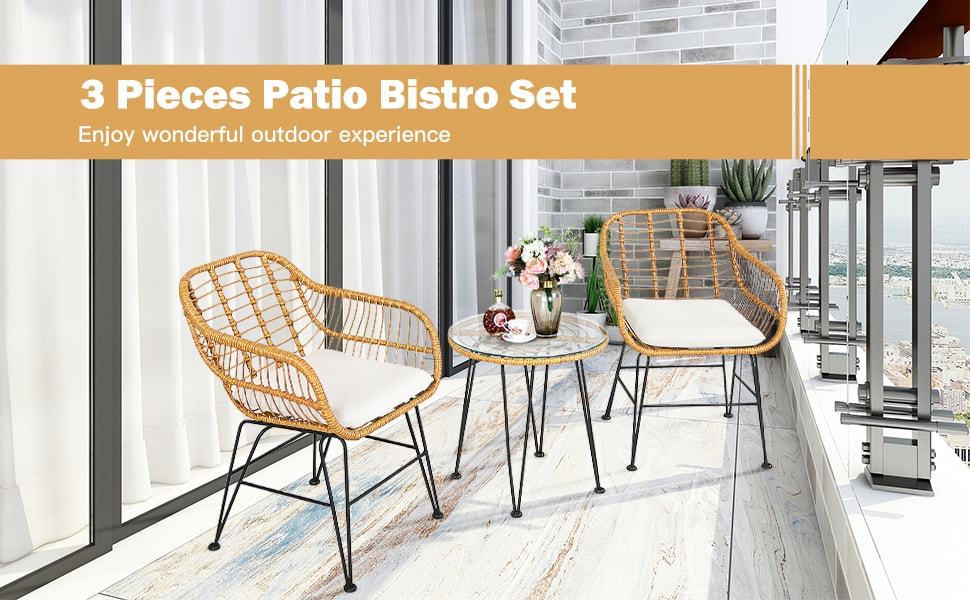 3 Piece Rattan Patio Bistro Set Wicker Conversation Set with Glass Coffee Table & Cushioned Armchairs