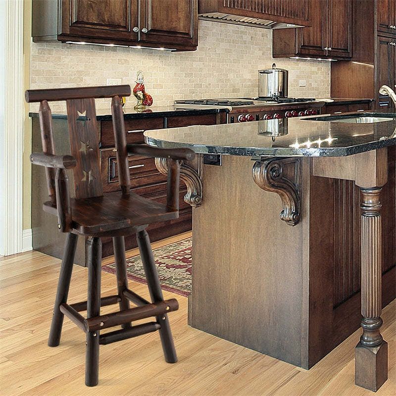 Rustic Swivel Bar Stool, 29" Wood Bar Height Bistro Chair with Footrest, Decorative Star Back & Wide Armrest for Kitchen Restaurant Pub