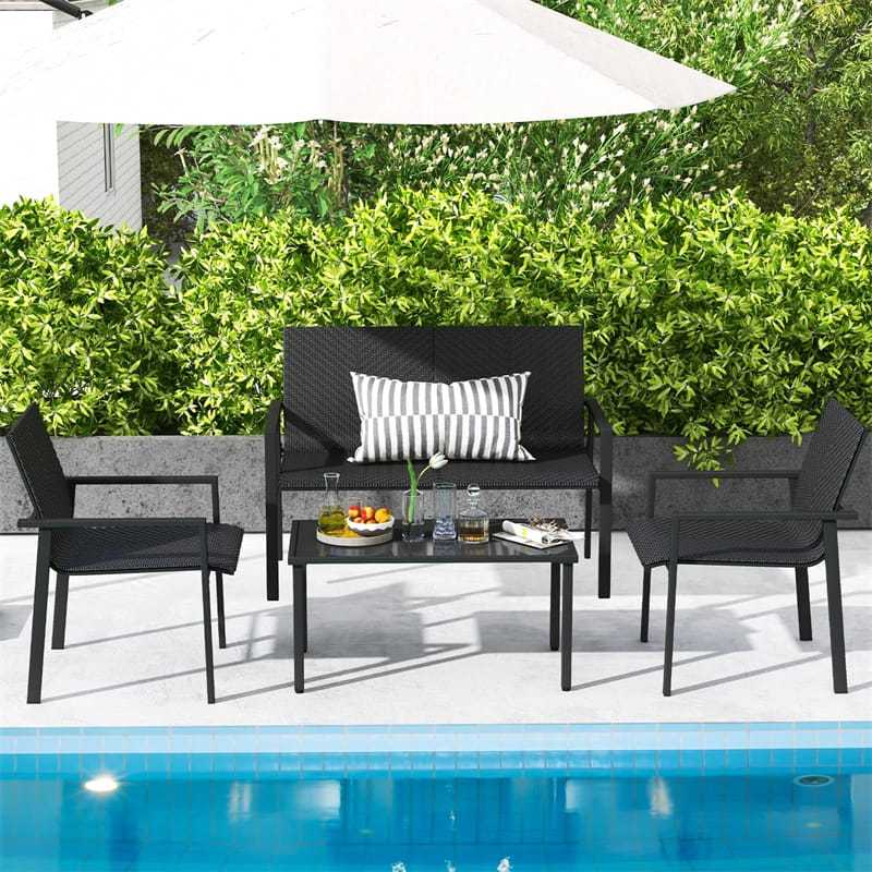 4 Piece Patio PE Rattan Furniture Set Outdoor Wicker Loveseat Chair Table Set Heavy Duty Galvanized Metal Frame for Small Space Balcony
