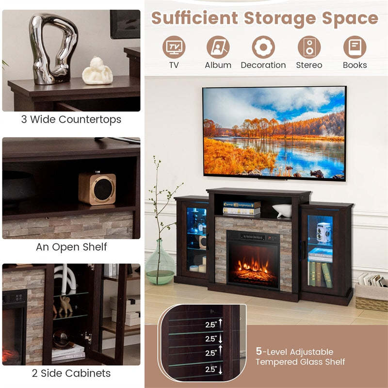 59" Fireplace TV Stand for TVs up to 65", Entertainment Center with LED Lights, 18" Electric Fireplace, Remote & APP Control, Glass Shelves