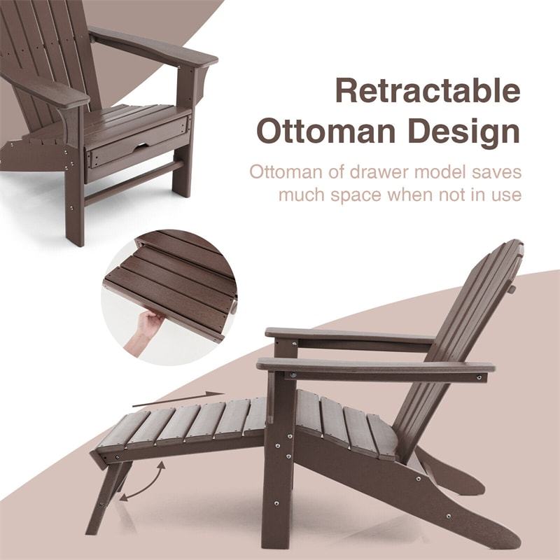 Outdoor HDPE Adirondack Chair, Weather Resistant Fire Pit Chair with Retractable Ottoman & 330 LBS Capacity for Patio, Backyard, Poolside