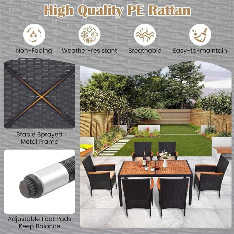 7-Piece Outdoor Dining Set for 6, Patio Conversation Set Rattan Wicker Dining Table Chair Set with Umbrella Hole Acacia Wood Tabletop & Seat Cushions