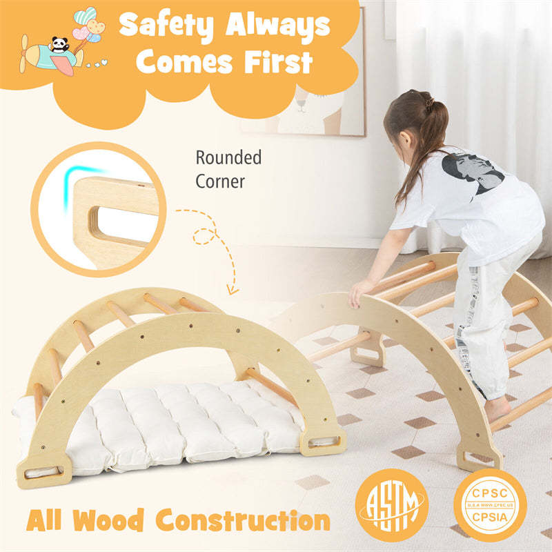 Wooden Arch Rocker with Soft Cushion, 3-in-1 Montessori Climbing Arch for Toddlers & Kids, Pikler Climber Ladder Toy for Indoor/Outdoor Play