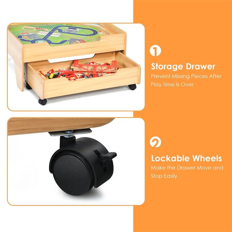 Kids Wooden Train Set Table with 100 Multicolor Pieces Activity Table and Storage Drawer