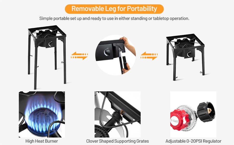 Camping Stove Single Burner Propane Gas Cooker 100,000 BTU High Pressure Propane Burner with Detachable Legs & 20 PSI Regulator