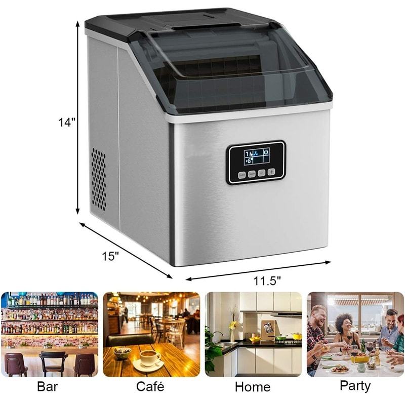 48LBS/24H Countertop Ice Maker, Portable Stainless Steel Ice Machine with Self-Cleaning, Timer Function, LCD Display, Ice Scoop & Basket