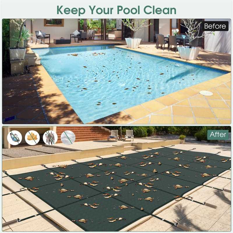 Safety Pool Cover for 32 x 16FT Inground Swimming Pools, Rectangle Winter Leaf Net Pool Cover with Mesh & Installation Tools for Backyard Yard