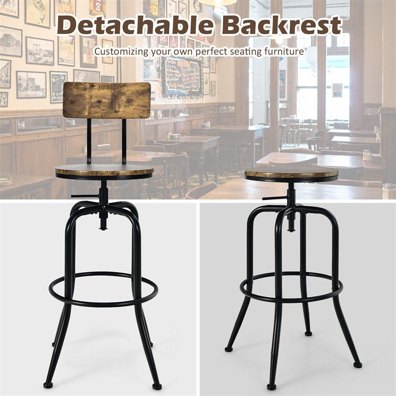 Vintage Industrial Bar Stools Set of 2, Adjustable Counter Height Bar Chairs with Arc-Shaped Backrest & Footrest, Swivel Metal Stools for Kitchen Pub