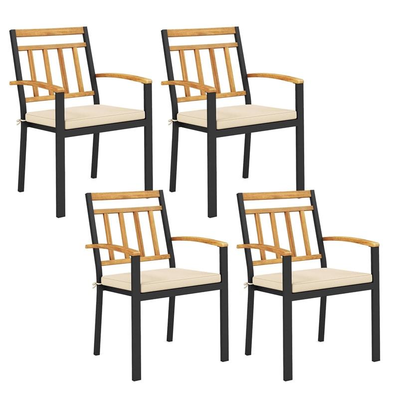 Patio Dining Chairs Metal Outdoor Chairs with Removable Padded Cushions, Acacia Wood Backrests & Armrests, 400lbs Capacity Bistro Chairs