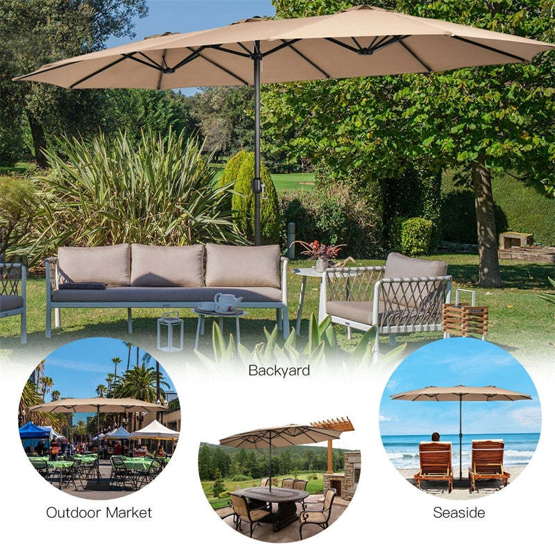 15 Feet Double-Sided Twin Patio Umbrella with Crank and Base Coffee in Outdoor Market-Coffee - Color: Coffee