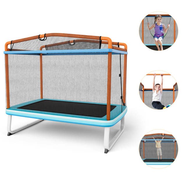 6FT Rectangle Kids Trampoline with Enclosure Net, Horizontal Bar & Swing, ASTM Approved Recreational Mini Trampoline for Toddler Indoor Outdoor