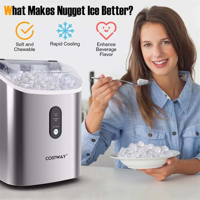 Countertop Nugget Ice Maker, 34lbs/24H Portable Ice Machine with Soft Chewable Pellet Ice, Ready in 6 Mins, Self-Cleaning, Ice Basket & Scoop
