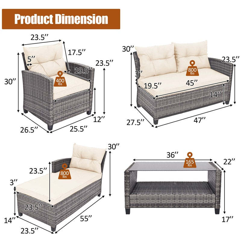 4-Piece Patio Rattan Conversation Set, Wicker Outdoor Sectional Sofa with 2-Tier Coffee Table & Cushions for Poolside, Backyard & Garden