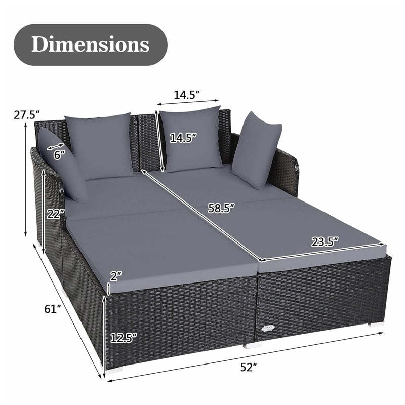 Patio Rattan Daybed Wicker Outdoor Double Chaise Lounge with Cushions & Pillows, Sectional Sofa Double Sun Lounger with Spacious Seat