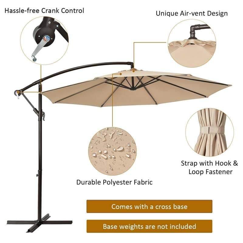 10FT Cantilever Umbrella Offset Hanging Patio Umbrella 8 Steel Ribs Outdoor Market Umbrella with Cross Base, Crank & Tilt Adjustment