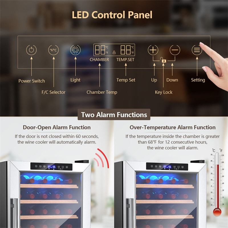 20" Wine Cooler, 33-Bottle Wine Refrigerator w/2-Layer Tempered Glass Door, Dual Alarm Function & Temp Control, Built-in/Freestanding Mini Wine Fridge