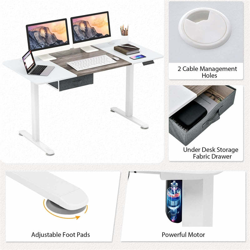Electric Standing Desk 55" x 28" Height Adjustable Desk Sit-Stand Computer Workstation with Storage Drawer & USB Charging Port