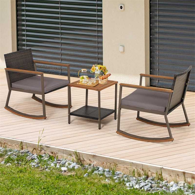 3-Piece Rattan Rocking Bistro Set w/ Cushions, Acacia Wood Top Coffee Table & Storage Shelf, Patio Conversation Set for Balcony, Porch, Poolside