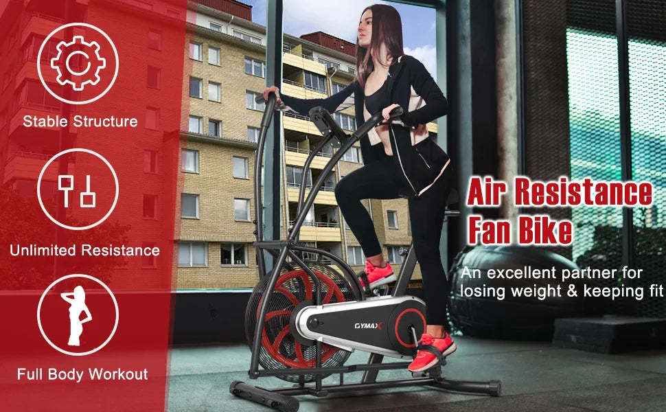 Upright Air Bike Adjustable Seat Fan Exercise Bike with LCD Monitor & Built-in Wheels for Home Gym Cardio
