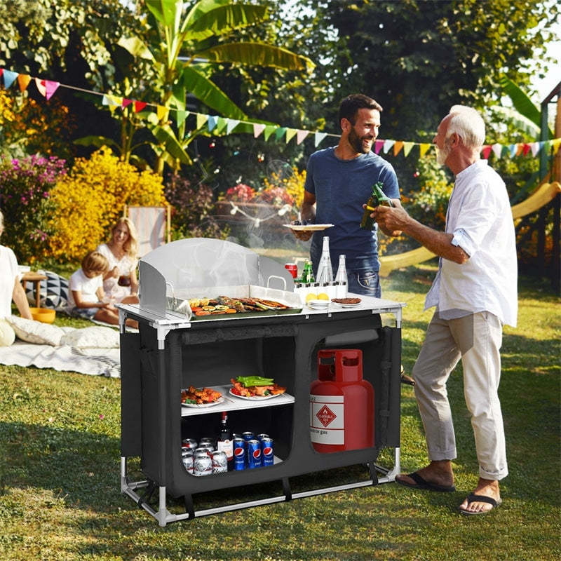 Camping Kitchen Table Portable Outdoor Cooking Table Grill Table for Picnic BBQ with Windscreen, Storage Organizer & Removable Sink