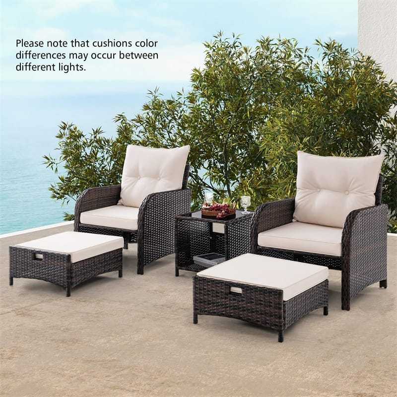 5PCS Wicker Patio Conversation Set Space Saving Rattan Sofa Set Outdoor Cushioned Chairs with 2 Ottomans & Tempered Glass Coffee Table for Backyard