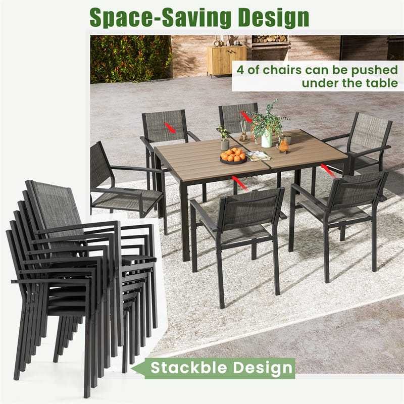7 Piece Outdoor Dining Set Metal Frame Patio Furniture Set with 6 Stackable Chairs & Large Rectangle Table, Backyard Garden Dining Table Set for 6