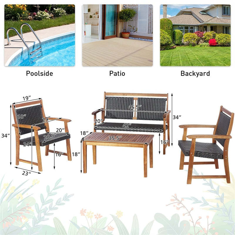 4 Pcs Outdoor Rattan Patio Conversation Set with Acacia Wood Coffee Table & Chairs