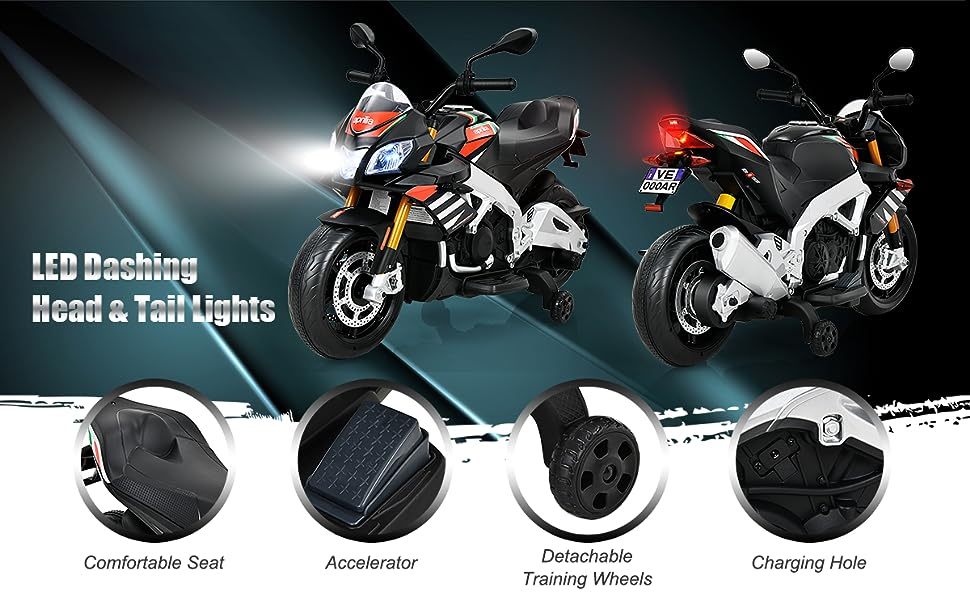 Kids Motorcycle 12V Licensed Aprilia Battery Powered Toddler Motorbike Electric Dirt Bike with Training Wheels & Lights