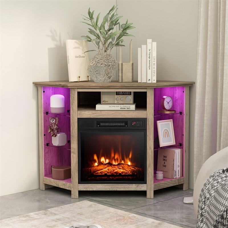 45" Corner Fireplace TV Stand for 50" TVs, Modern Fireplace Entertainment Center with 16-Color LED Lights, Smart APP Control, Adjustable Shelves