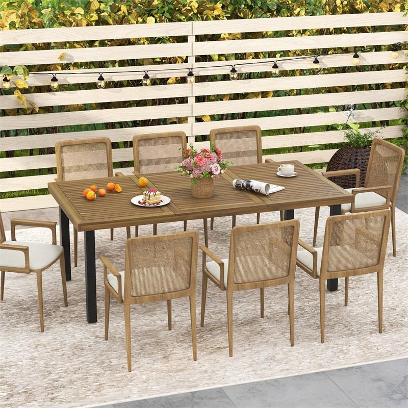 79" Acacia Wood Dining Table, 8-Person Rectangular Patio Table with 1.9" Umbrella Hole & Adjustable Feet for Indoor Outdoor, Backyard, Garden