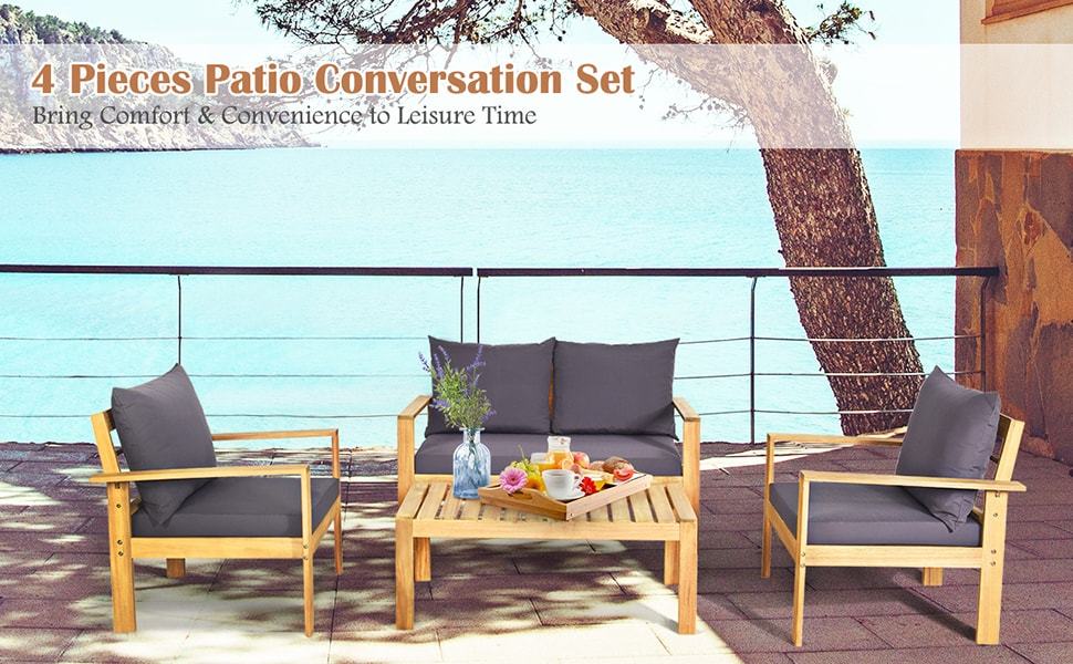 Outdoor 4 Seater Acacia Wood Patio Chat Set with Loveseat & Coffee Table
