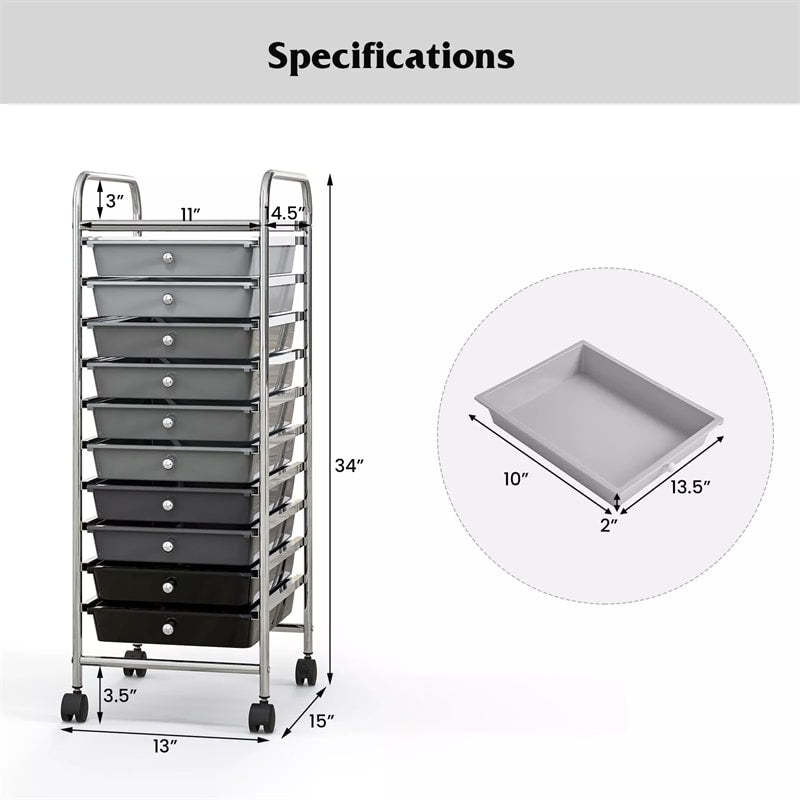 10-Drawer Rolling Storage Cart, Utility Cart with Drawers & Lockable Wheels, Mobile Art Craft Drawer Cart for Home Office, School