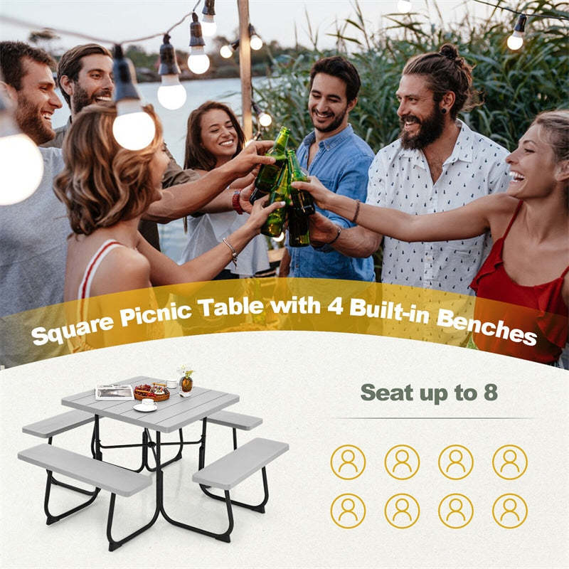 8-Person Picnic Table Set, Square Outdoor Table with 4 Built-in Benches, Umbrella Hole, HDPE Top, Metal Frame, 500LBS Capacity for Garden Patio