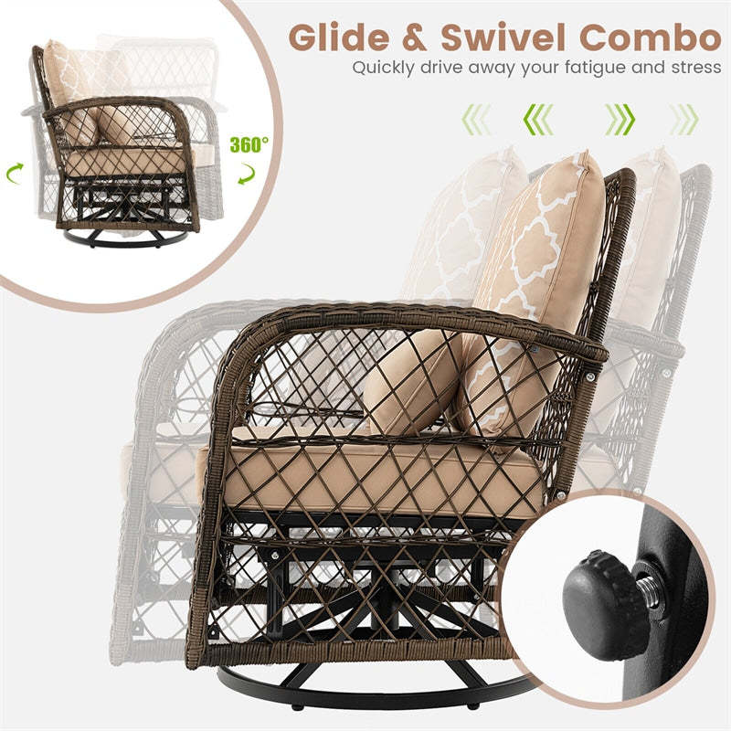 3-Piece Wicker Swivel Rocker Set, Outdoor Rocking Chairs with Cushions & Tempered Glass Table, Rattan Patio Bistro Set for Backyard, Balcony, Porch