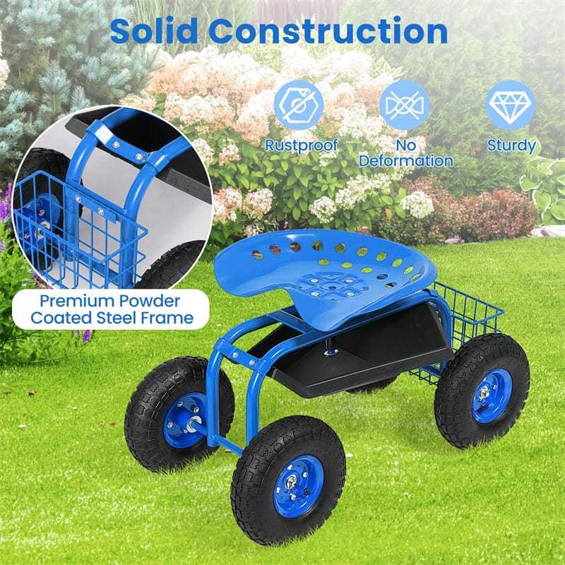 Rolling Garden Cart with 360° Swivel Seat, Tool Basket, Adjustable Height, 330LB Capacity Heavy Duty Gardening Seat for Lawn, Yard Work, Seniors