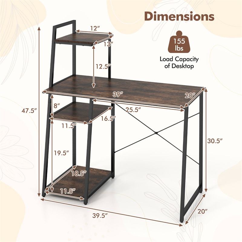Computer Desk 47.5” Home Office Desk with Side Bookshelf & Host Stand, Metal Frame PC Laptop Workstation Study Writing Desk for Small Spaces