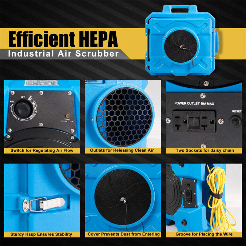Industrial Commercial HEPA Air Scrubber with Odor Eliminator, ETL Certified 150-500CFM Heavy Duty Air Purifier Negative Air Machine for 500-2000sq.ft