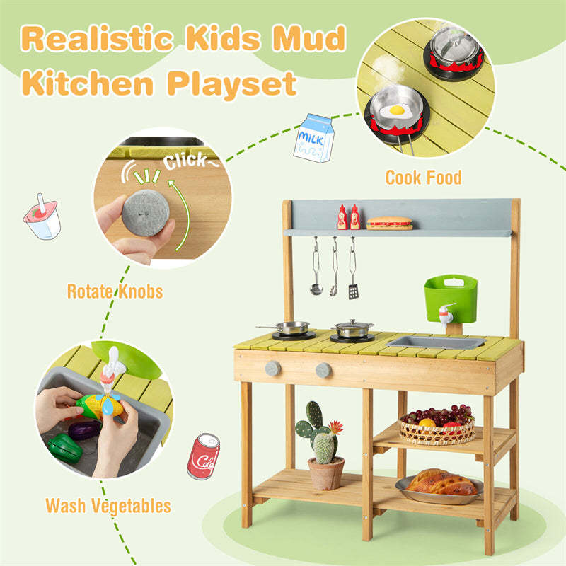 Kids Mud Kitchen Set Wooden Pretend Play Kitchen Toy Kitchen Set with Removable Sink, Real Water Box & Faucet