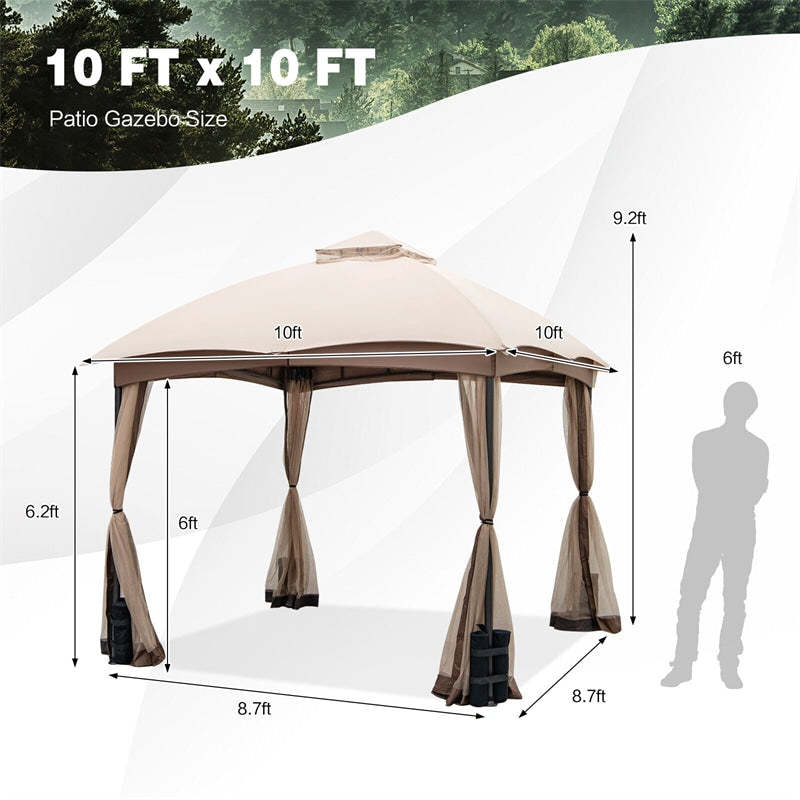 10' x 10' Patio Gazebo 2-Tier Heavy Duty Gazebo Tent Easy Setup Outdoor Gazebo with Netting & 4 Sandbags