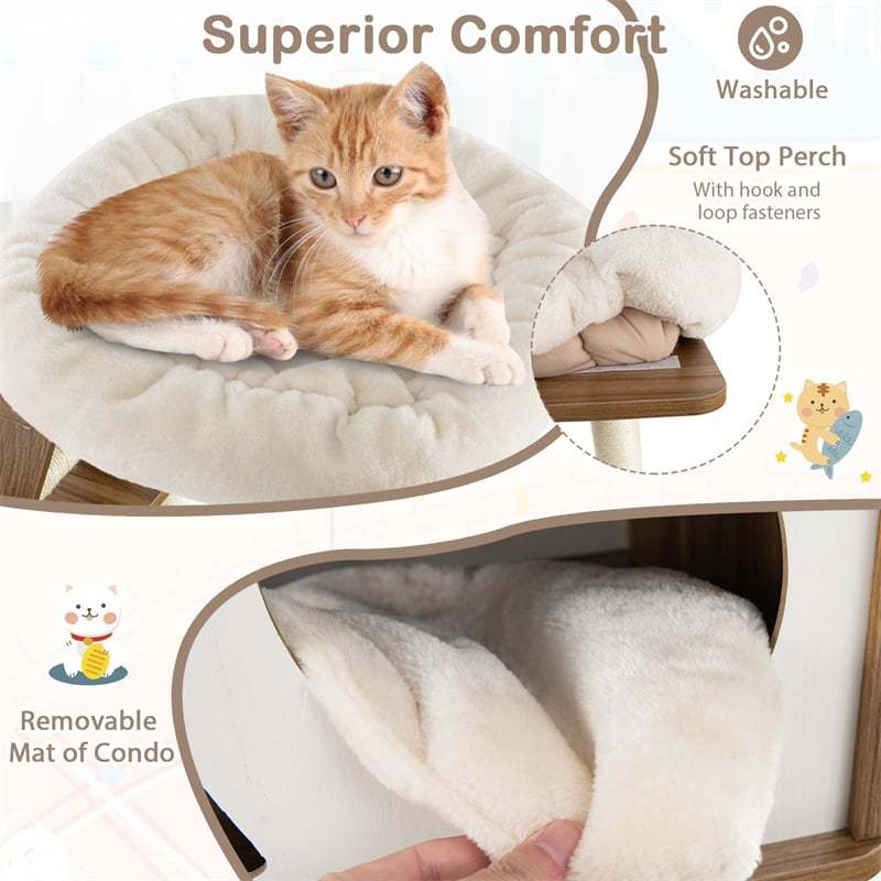 57" Modern Wooden Cat Tree Tower Large Multi-Level Cat Activity Center with Climbing Ladder, 2 Cat Condos, Hanging Hammock & Padded Top Perch