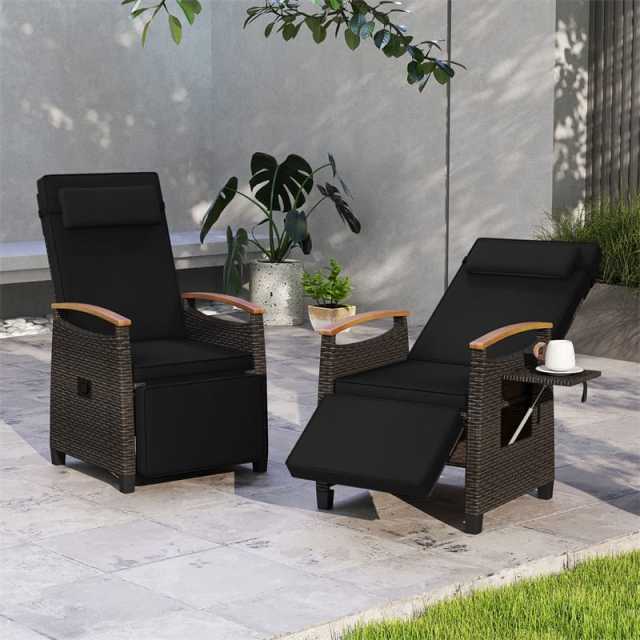 Outdoor Wicker Recliner Chair with Adjustable Backrest, Footrest, Flip Side Table & Cushion, Patio Rattan Chaise Lounge for Backyard Porch