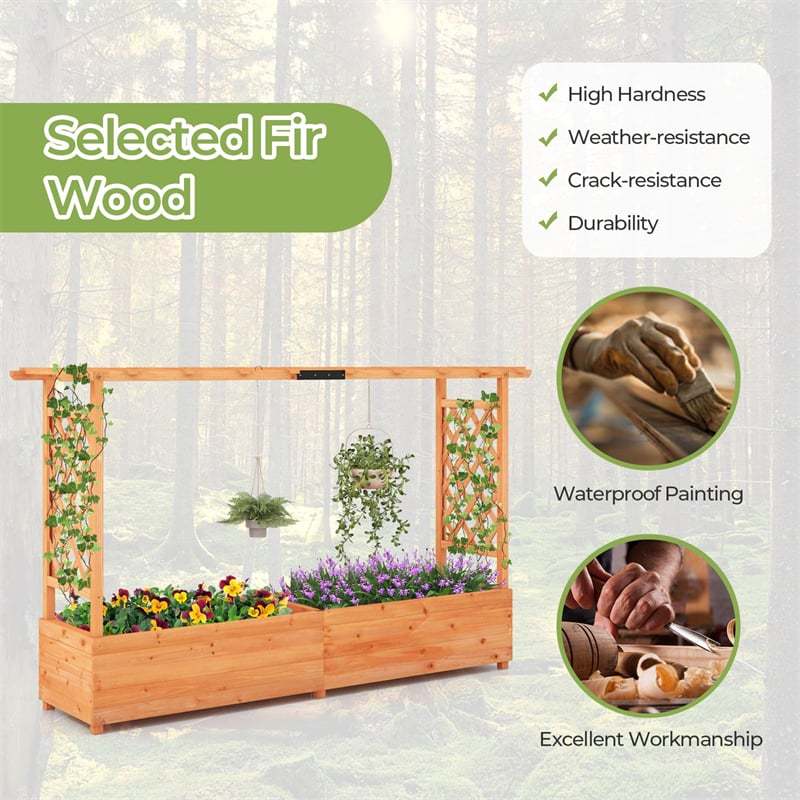 Raised Garden Bed Fir Wood Outdoor Planter Box with 2-Sided Trellis & Hanging Roof for Flowers Herbs Climbing Plants
