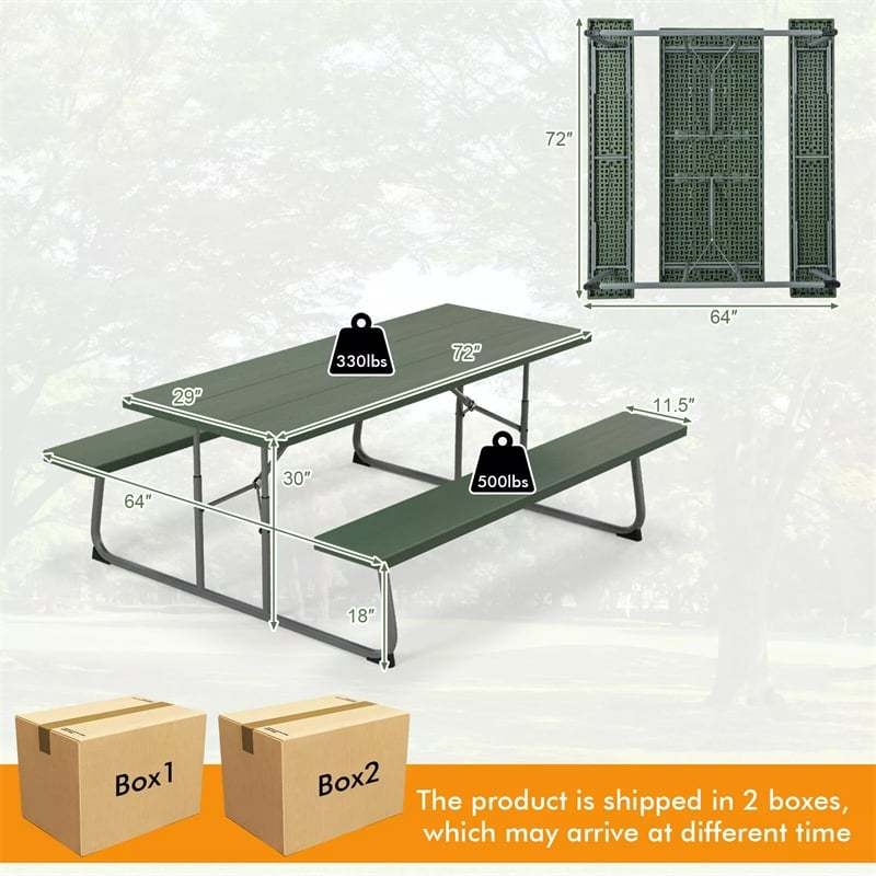 8-Person 6FT Folding Picnic Table & Bench Set, Heavy Duty All-Weather HDPE Outdoor Dining Table with Umbrella Hole & 2 Built-in Benches