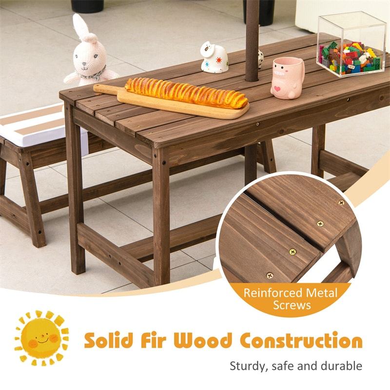 Kids Wooden Picnic Table with Benches, Adjustable Umbrella & Removable Cushion, Outdoor Toddler Furniture Set for Patio Garden Backyard, Ages 3+