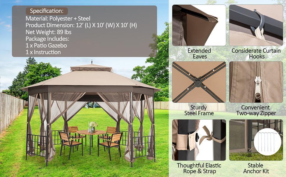 10’ x 12’ Heavy Duty Double Roof Octagonal Patio Gazebo Canopy with Netting Sidewalls