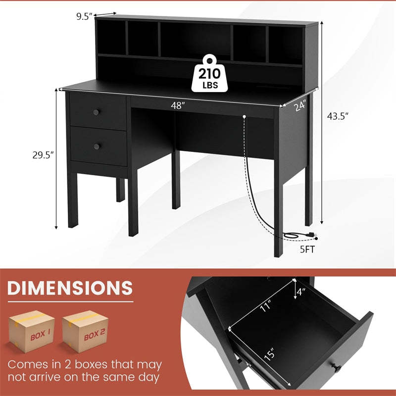 48" Computer Desk with Charging Station, 5-Cubby Hutch & 2 Drawers, Home Office Desk w/Power Outlets, USB/Type-C Ports for Bedroom, Small Space