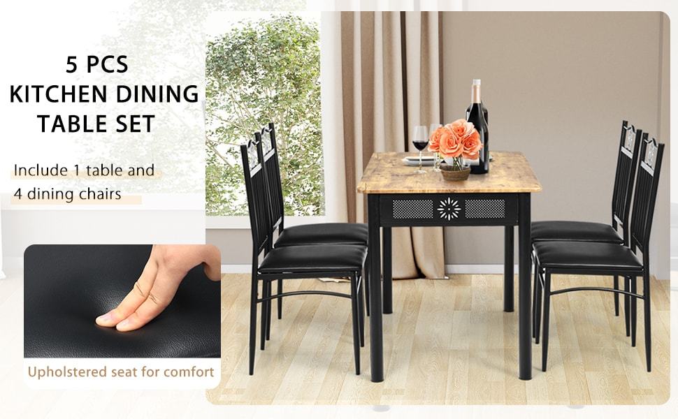 5 Piece Vintage Kitchen Dining Table Set with 4 Padded Dining Chairs