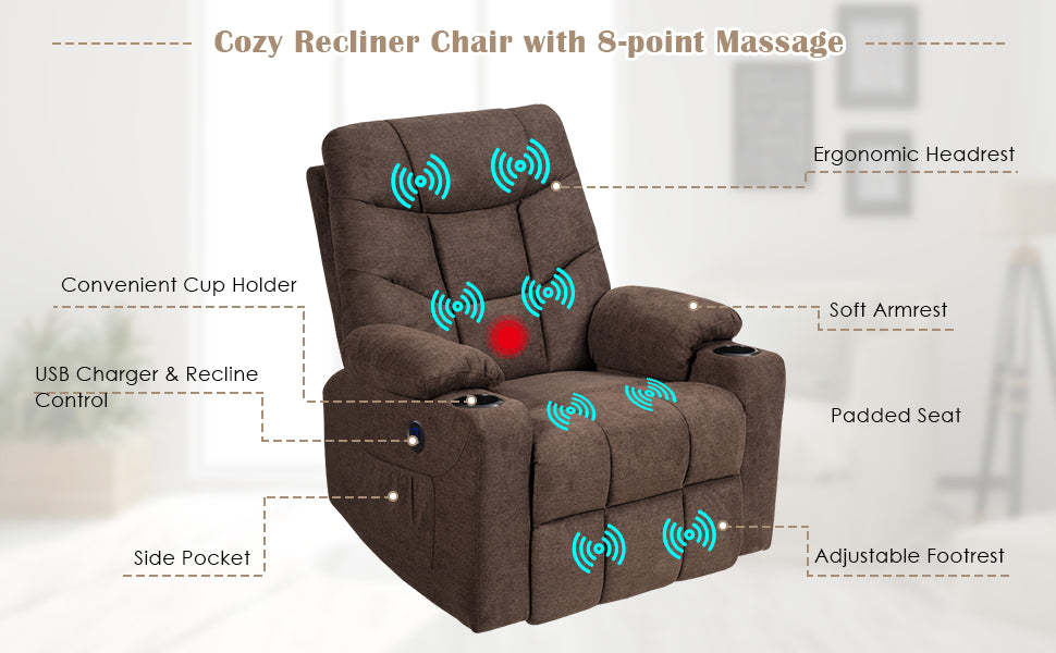 Power Lift Recliner Chair Fabric Electric Massage Reclining Sofa Elderly Lift Chair with 8 Point Massage Lumbar Heat USB Charge Port